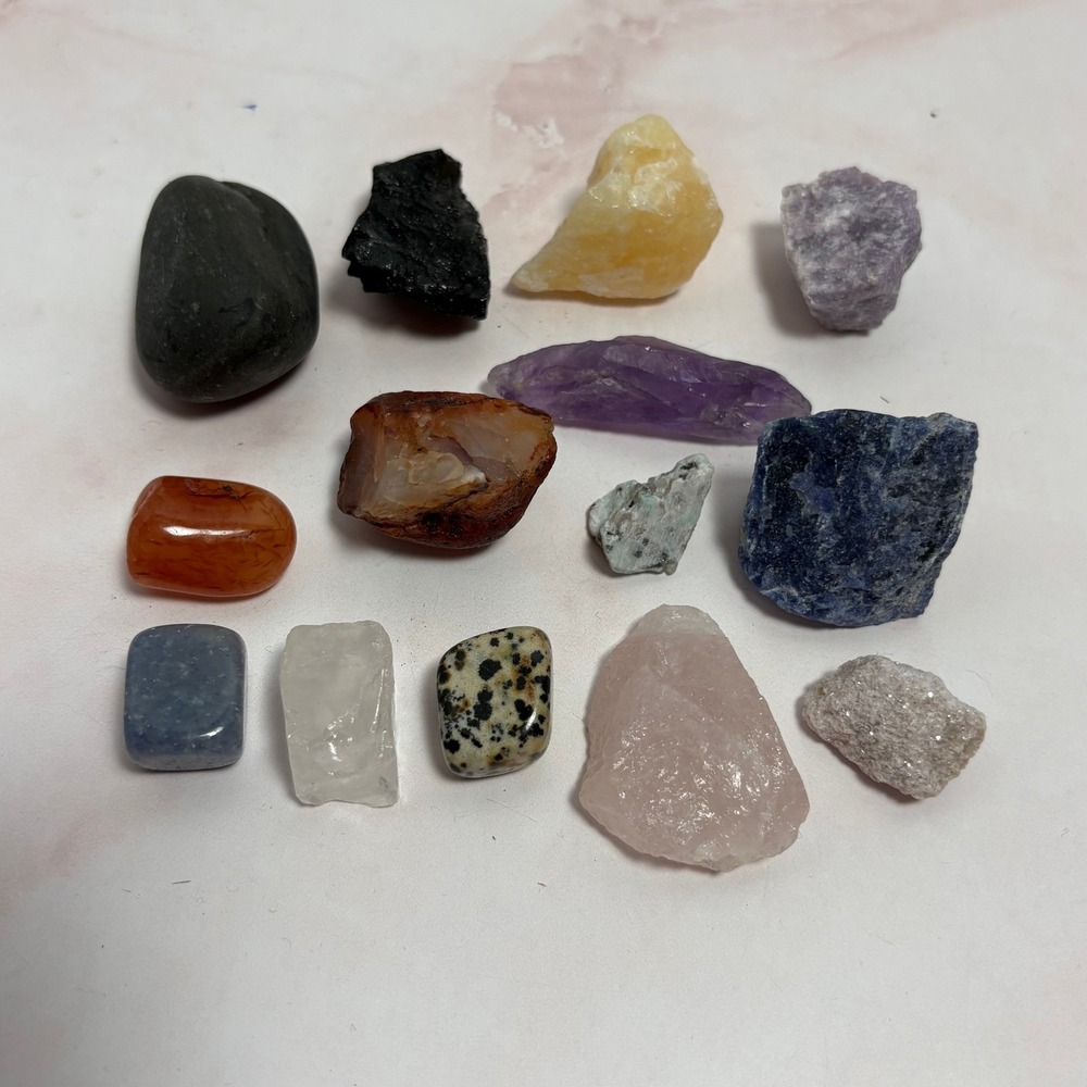 Mixed Crystal Collection 13pc Amethyst Rose Quartz Dalmatian Jasper Sodalite Raw